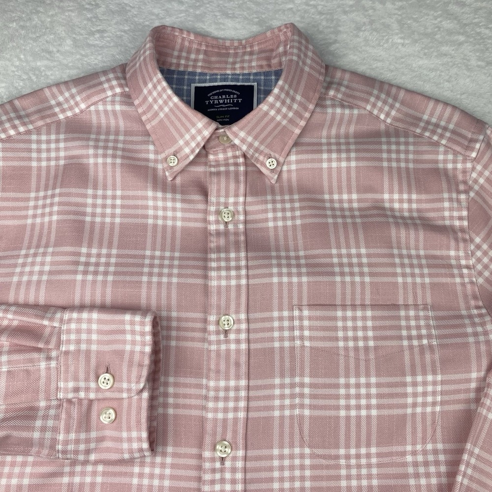 Charles Tyrwhitt Shirt Mens Medium Light Mauve/White Plaid Slim Fit No Iron